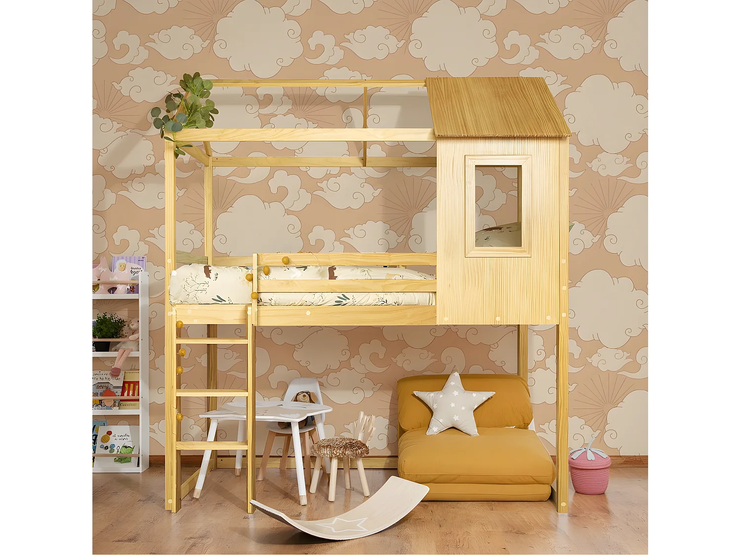 Hochbett aus Holz Kieferfarbe 189,5x197x97 cm