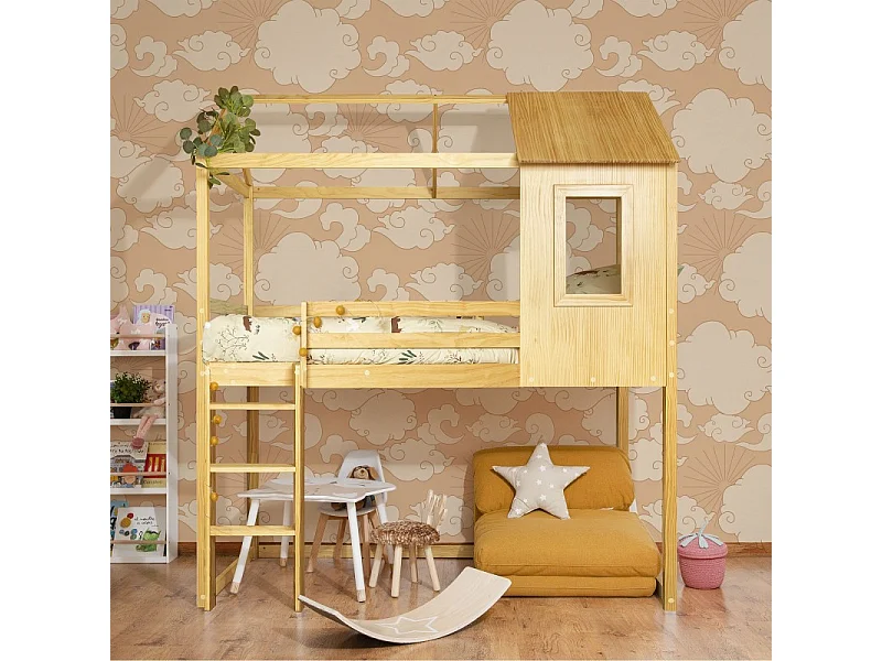 Cama alta em madeira pinho 189,5x197x97 cm