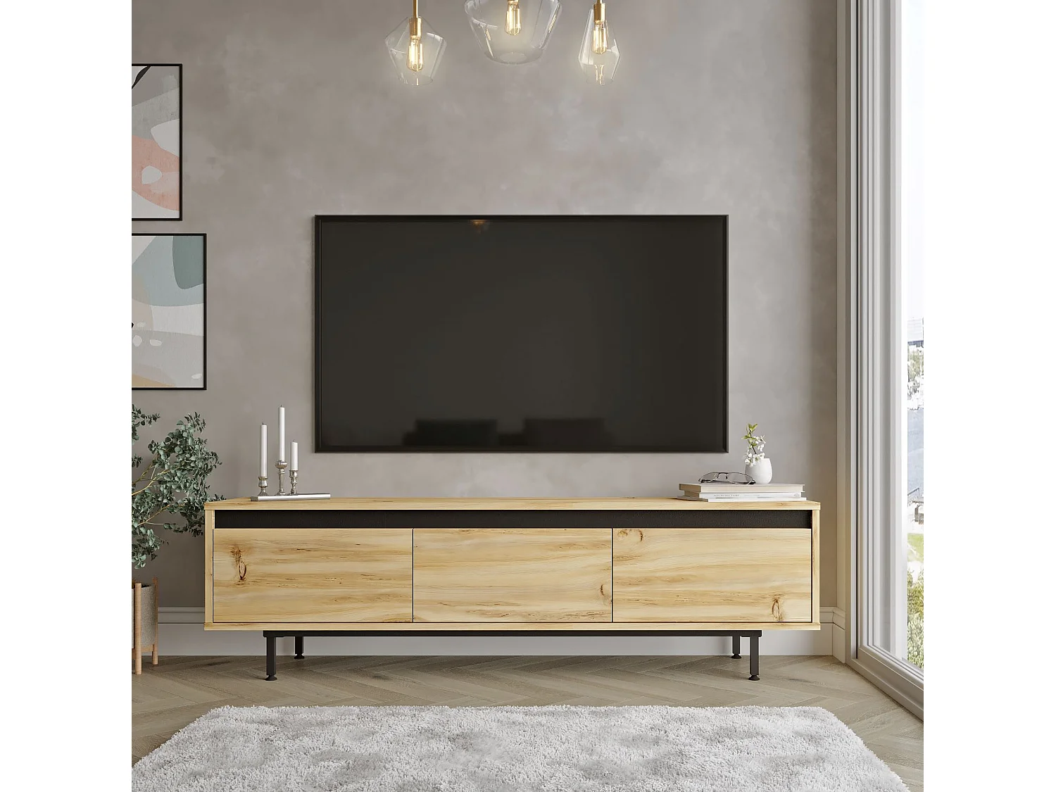 Mueble Luvio Tv Patas De Metal 160 Cm Fieltro-Negro