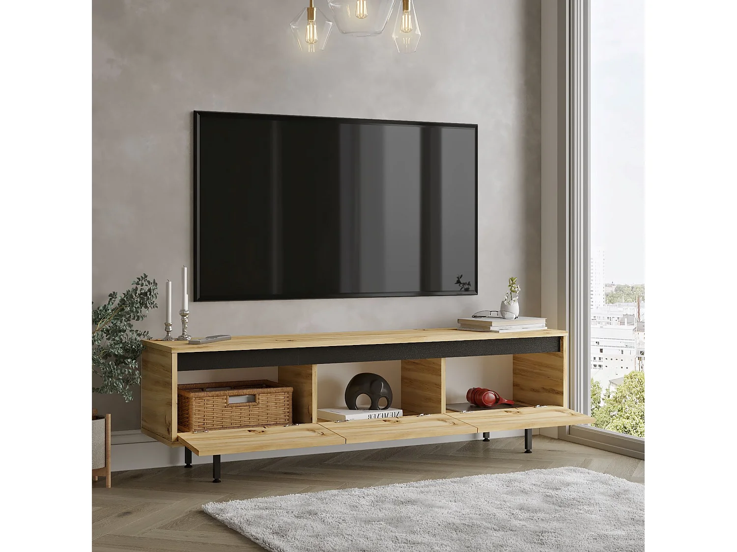 Mueble Luvio Tv Patas De Metal 160 Cm Fieltro-Negro