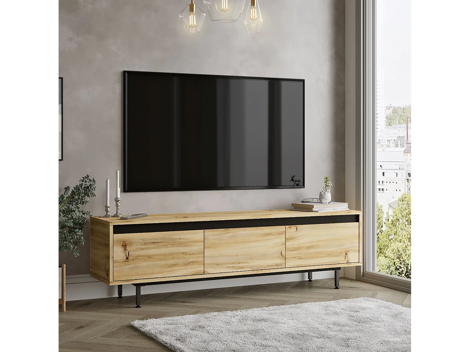 Mueble Luvio Tv Patas De Metal 160 Cm Fieltro-Negro