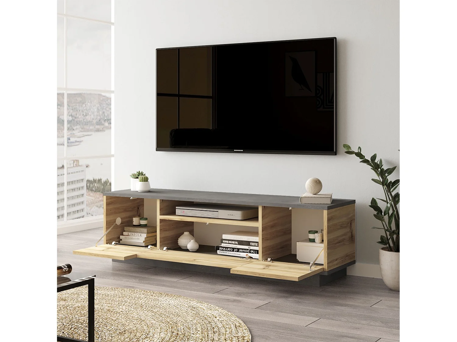 Meuble Tv Luvio 140 Cm Feutre-Blanc