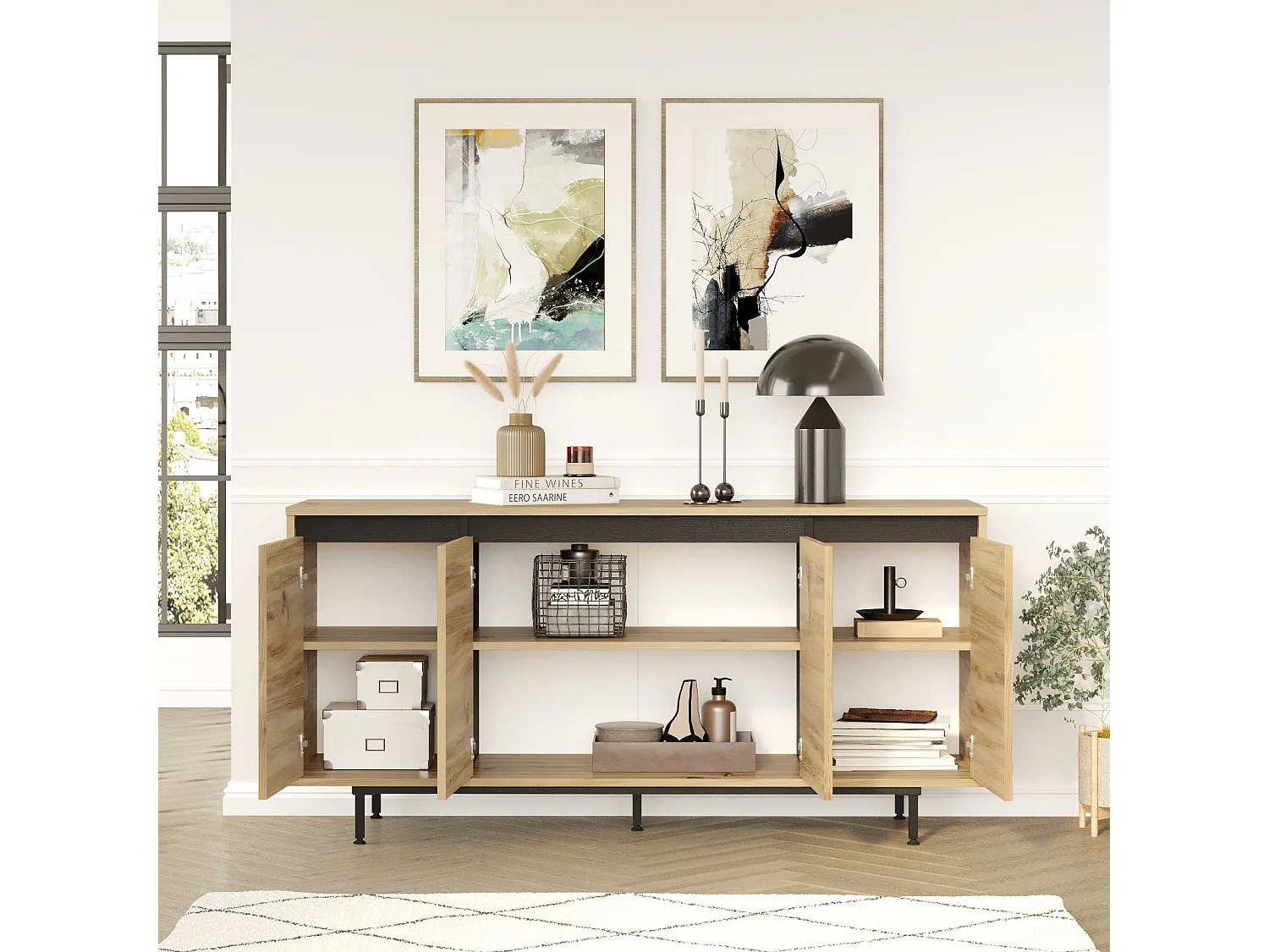 Aparador Luvio Con 4 Puertas - Patas De Metal 160 Cm Negro