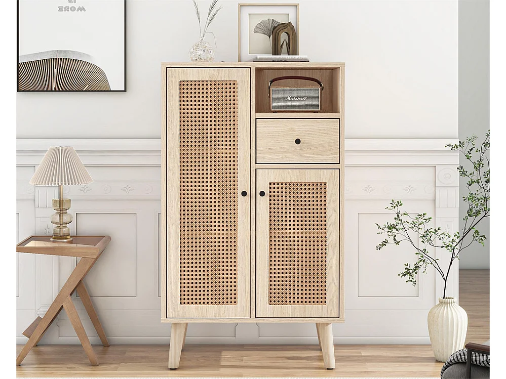 Aparador alto - 2 puertas de ratán y 1 cajón - estilo rústico - Natural