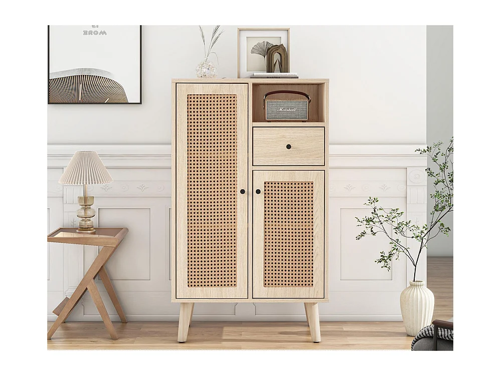 Buffet haut - 2 portes en rotin et 1 tiroir - style campagnard - Naturel