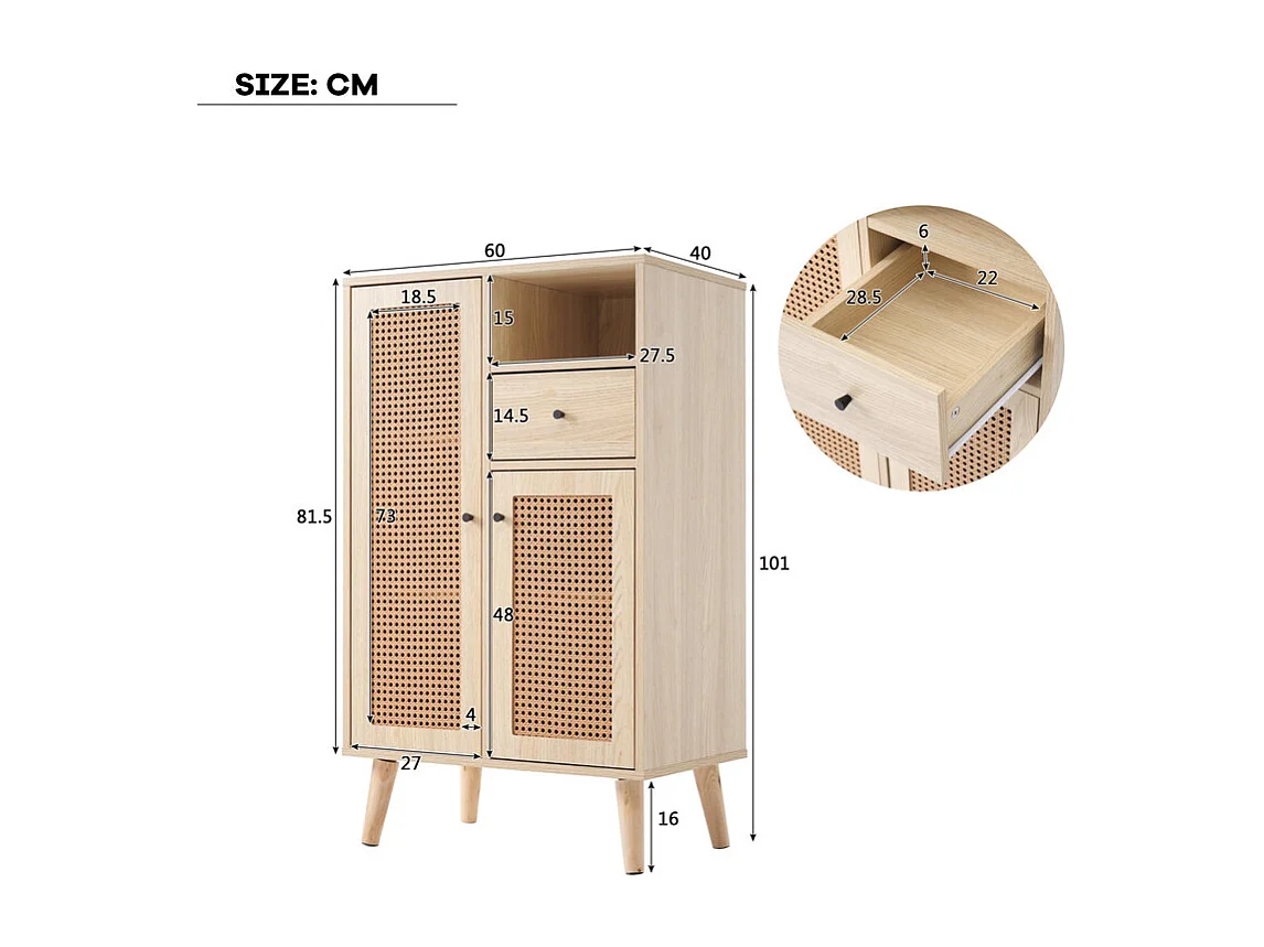 Hoog dressoir - 2 rotan deuren en 1 lade - landelijke stijl - Naturel