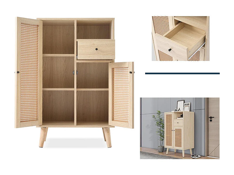Credenza alta - 2 ante in rattan e 1 cassetto - stile country - Naturale