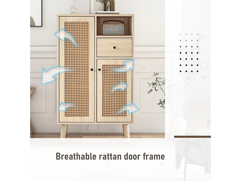 Credenza alta - 2 ante in rattan e 1 cassetto - stile country - Naturale
