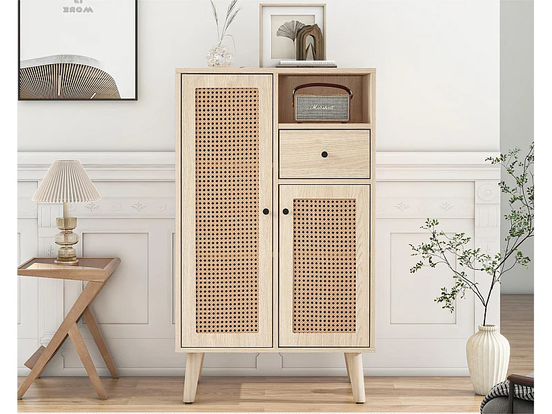 Credenza alta - 2 ante in rattan e 1 cassetto - stile country - Naturale