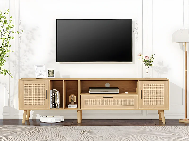 180 cm großer TV-Schrank mit Rattandekor – 2 Türen und 1 Schublade – Beine aus Massivholz – Natur