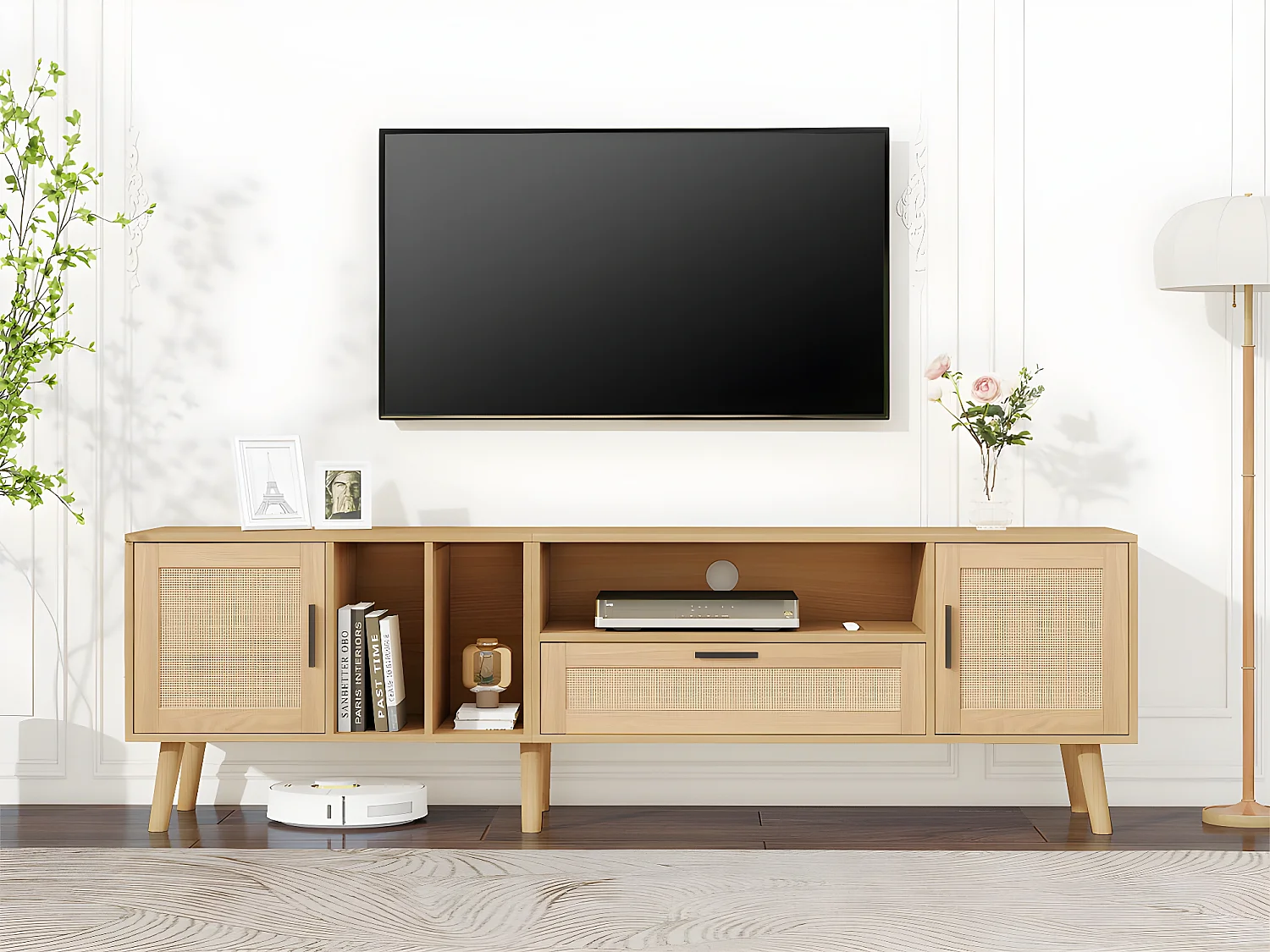 Meuble TV 180cm décoré de rotin - 2 portes et 1 tiroir - pieds en bois massif - Naturel