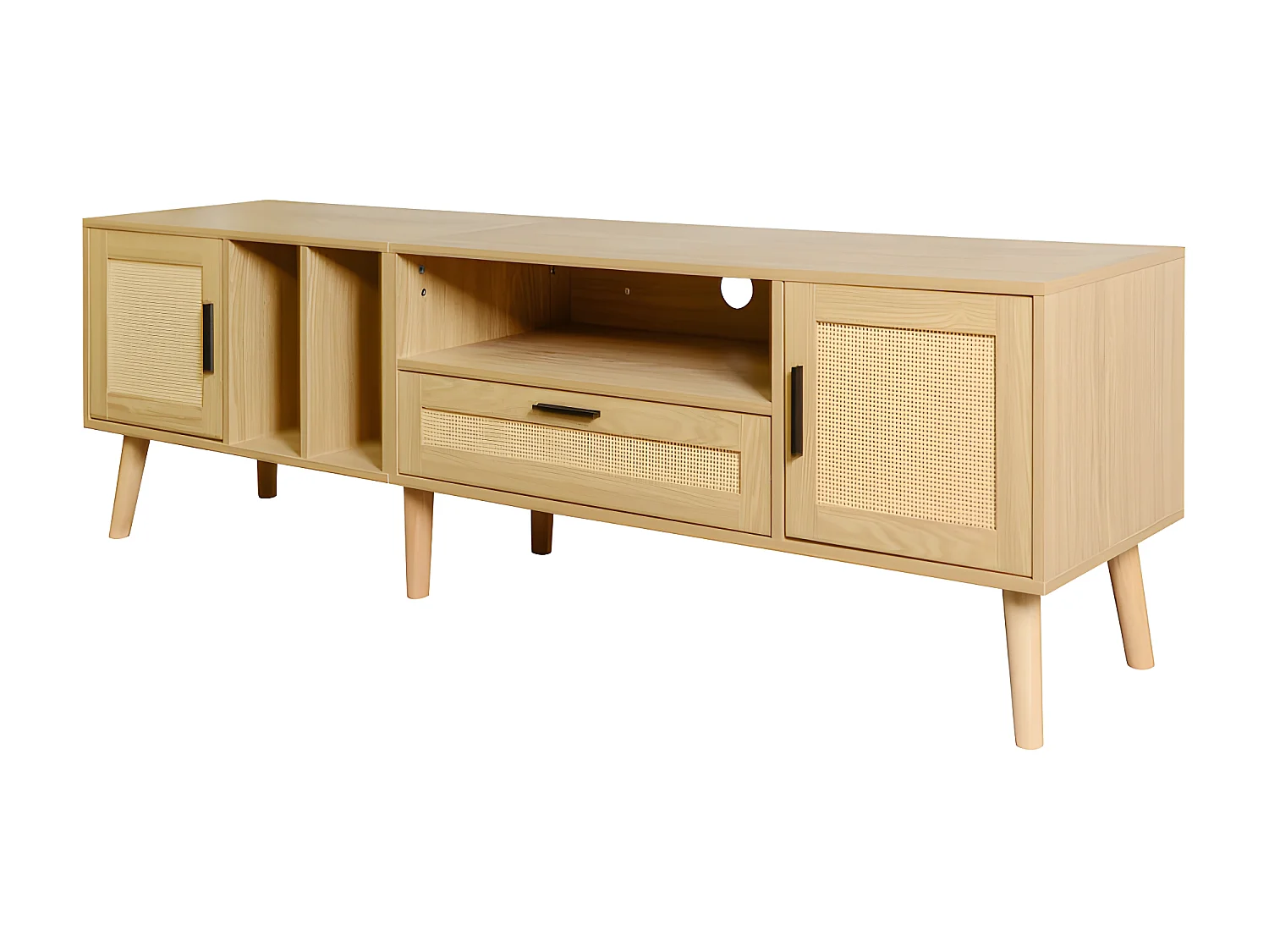 Meuble TV 180cm décoré de rotin - 2 portes et 1 tiroir - pieds en bois massif - Naturel