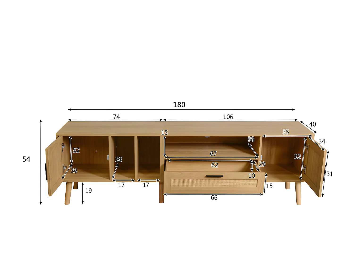 Meuble TV 180cm décoré de rotin - 2 portes et 1 tiroir - pieds en bois massif - Naturel