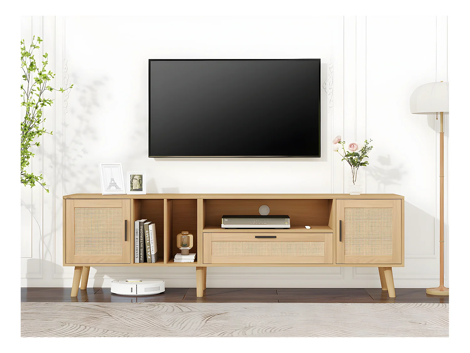 Meuble TV 180cm décoré de rotin - 2 portes et 1 tiroir - pieds en bois massif - Naturel