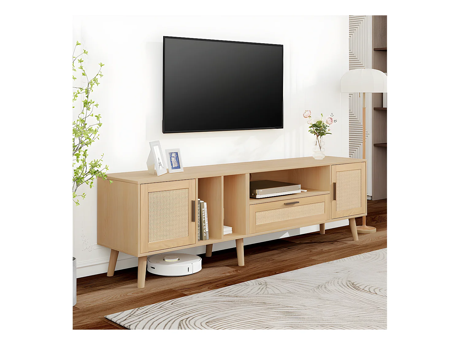 Meuble TV 180cm décoré de rotin - 2 portes et 1 tiroir - pieds en bois massif - Naturel