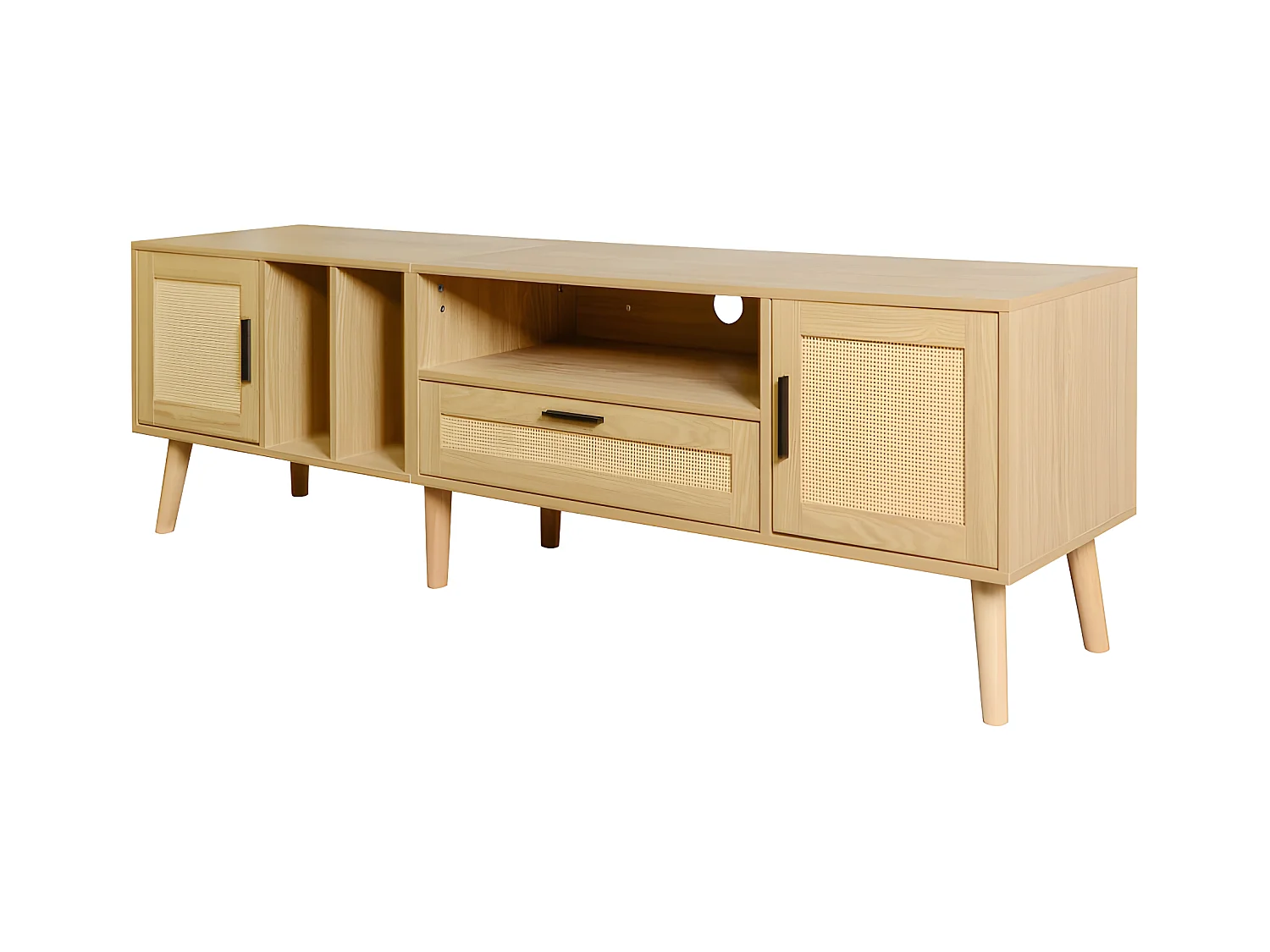 Meuble TV 180cm décoré de rotin - 2 portes et 1 tiroir - pieds en bois massif - Naturel