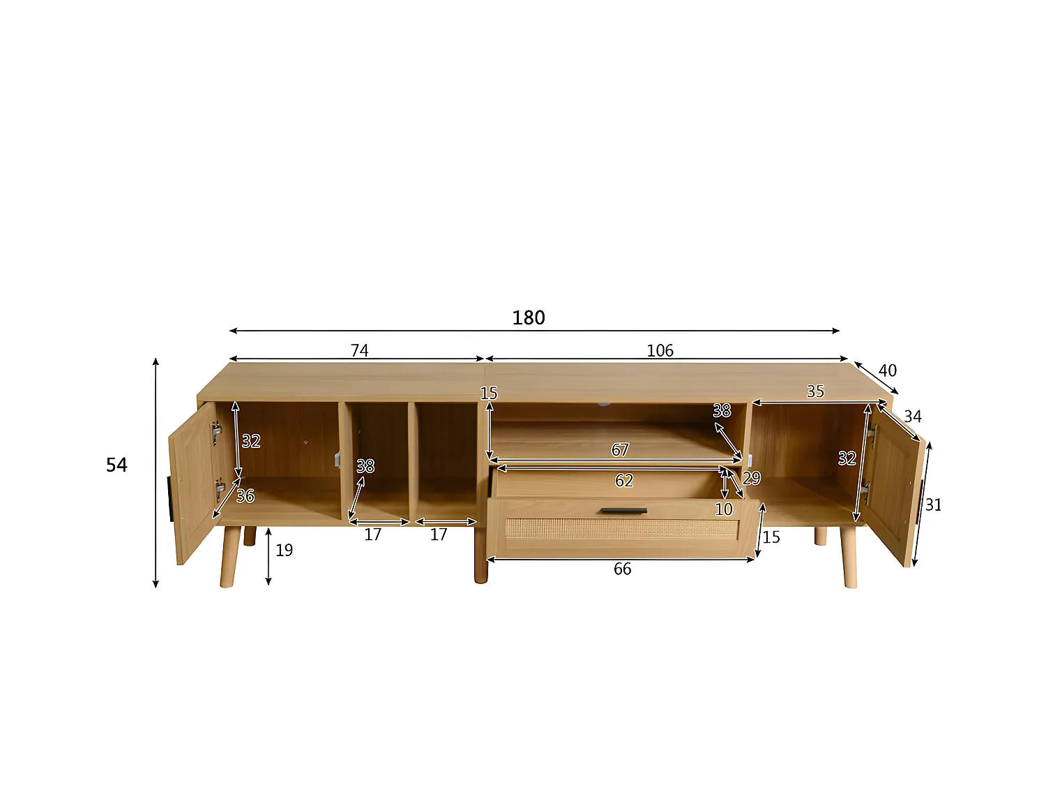 Meuble TV 180cm décoré de rotin - 2 portes et 1 tiroir - pieds en bois massif - Naturel