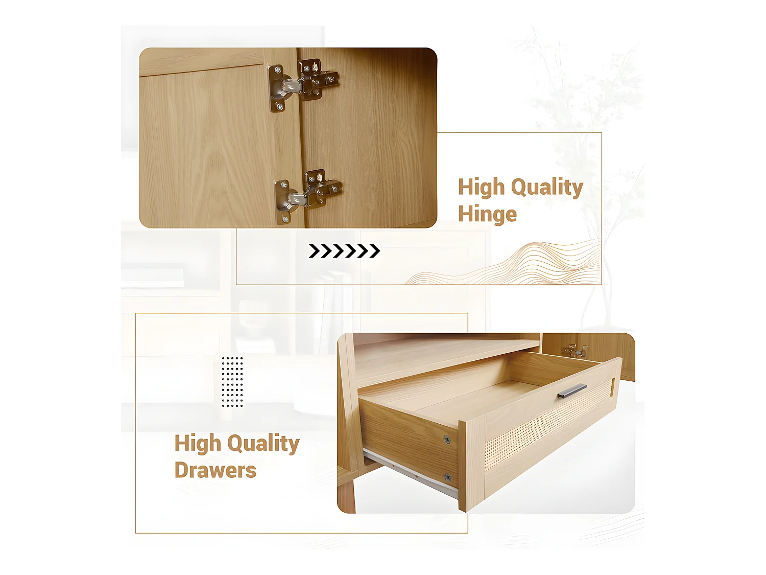 Meuble TV 180cm décoré de rotin - 2 portes et 1 tiroir - pieds en bois massif - Naturel