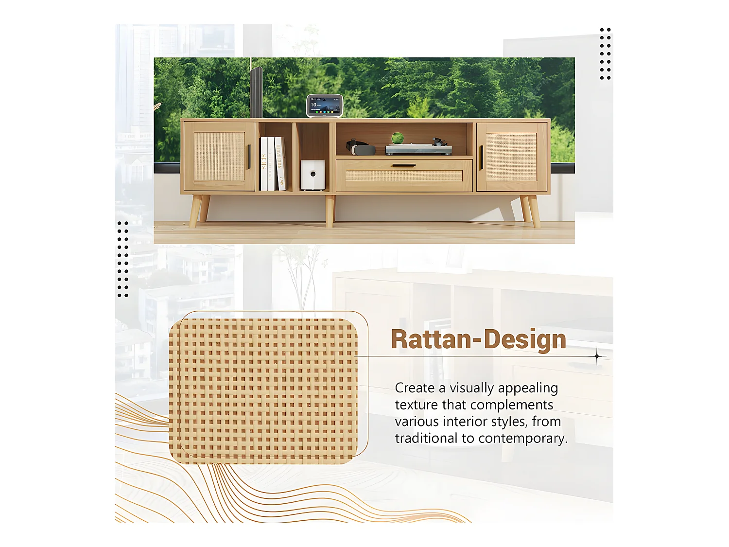 Meuble TV 180cm décoré de rotin - 2 portes et 1 tiroir - pieds en bois massif - Naturel
