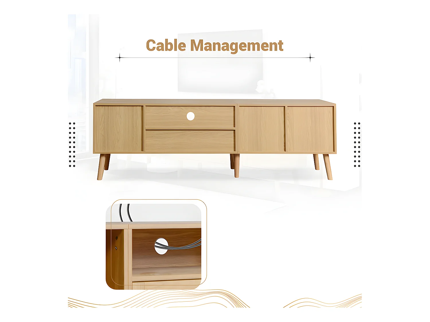 Meuble TV 180cm décoré de rotin - 2 portes et 1 tiroir - pieds en bois massif - Naturel