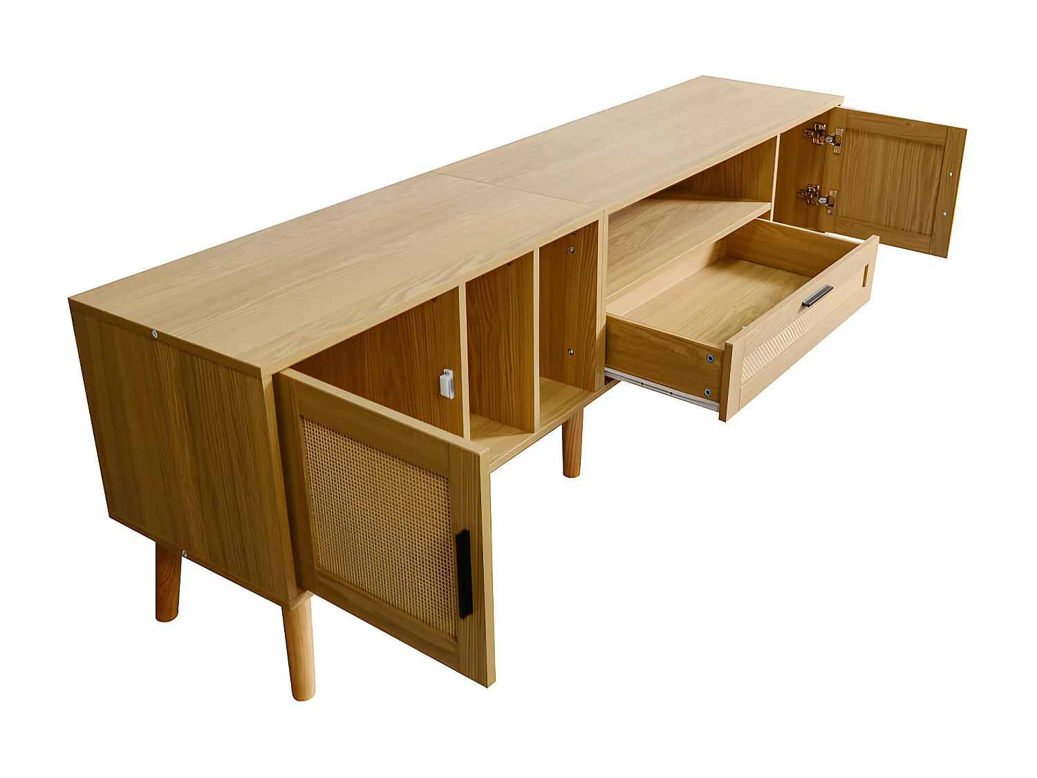 Meuble TV 180cm décoré de rotin - 2 portes et 1 tiroir - pieds en bois massif - Naturel