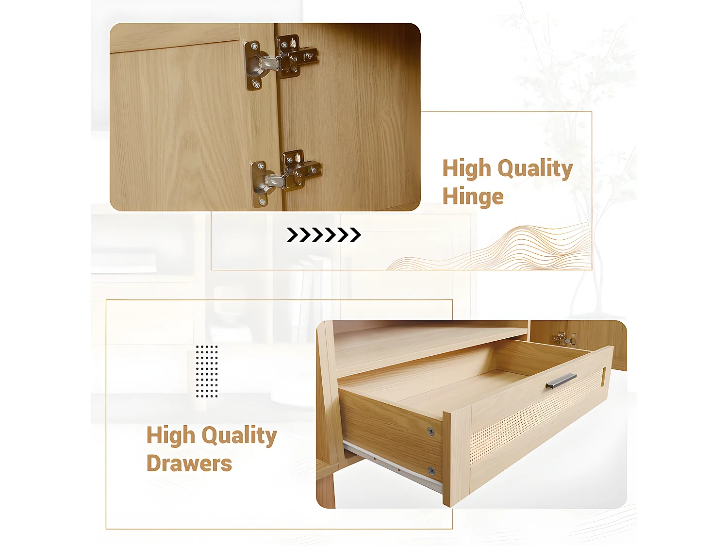 Meuble TV 180cm décoré de rotin - 2 portes et 1 tiroir - pieds en bois massif - Naturel