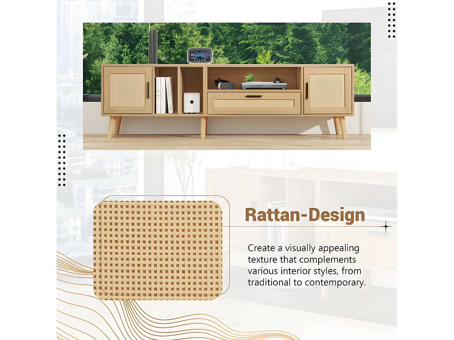 Meuble TV 180cm décoré de rotin - 2 portes et 1 tiroir - pieds en bois massif - Naturel