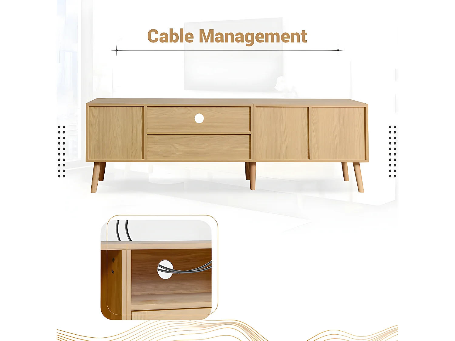 Meuble TV 180cm décoré de rotin - 2 portes et 1 tiroir - pieds en bois massif - Naturel