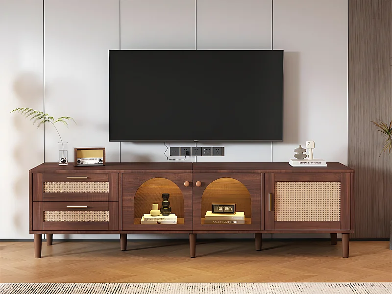 TV-meubel van 180 cm met LED-verlichting - 2 rotan lades en 3 deuren - Bruin