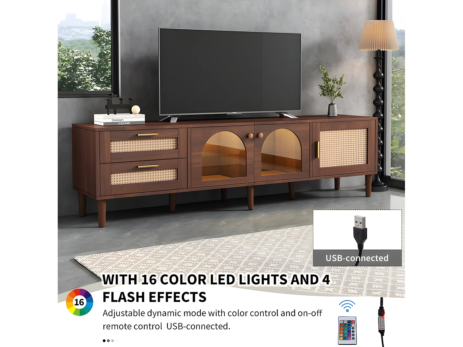 180 cm TV-Möbel mit LED-Beleuchtung – 2 Rattanschubladen und 3 Türen – Braun