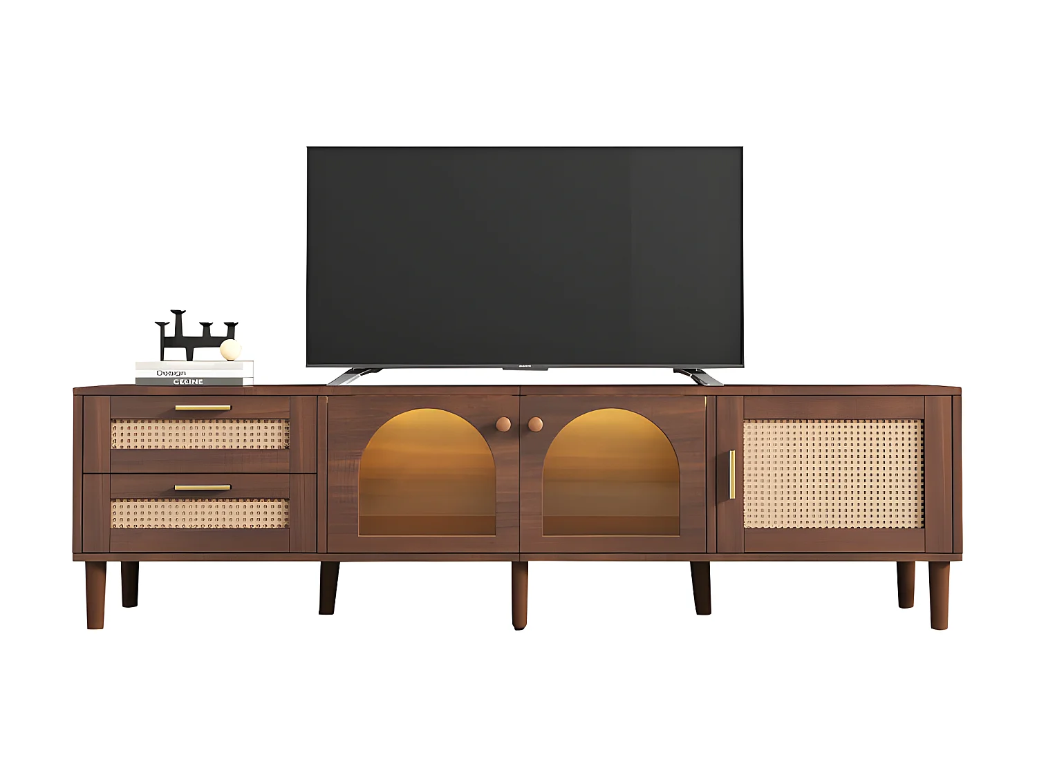 180 cm TV-Möbel mit LED-Beleuchtung – 2 Rattanschubladen und 3 Türen – Braun