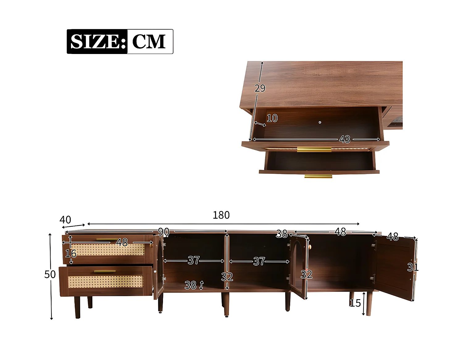 180 cm TV-Möbel mit LED-Beleuchtung – 2 Rattanschubladen und 3 Türen – Braun