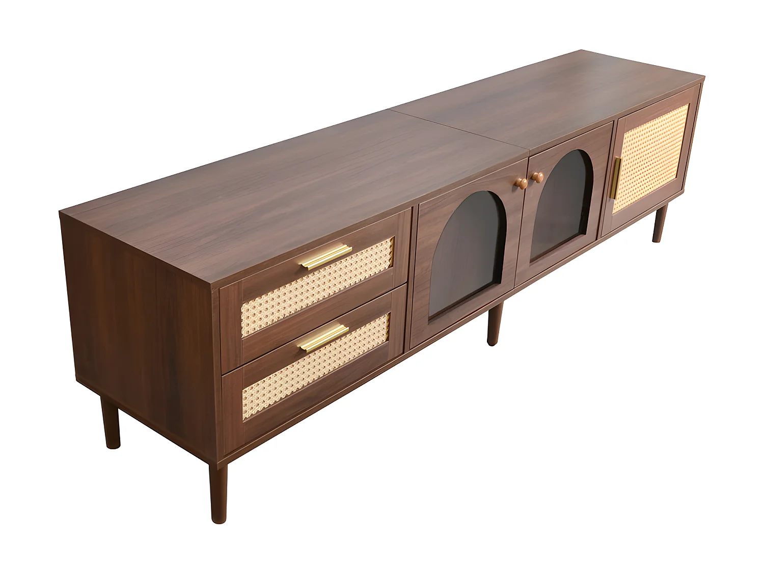 180 cm TV-Möbel mit LED-Beleuchtung – 2 Rattanschubladen und 3 Türen – Braun