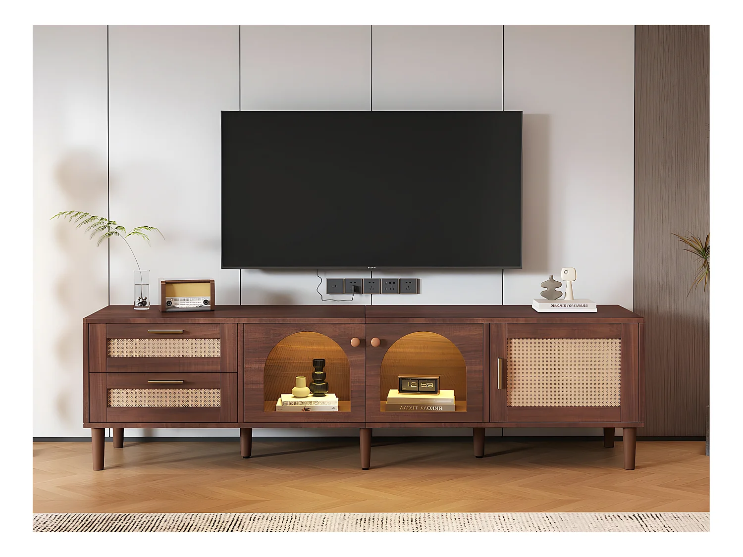 Meuble TV 180 cm avec éclairage LED - 2 tiroirs en rotin et 3 portes - Marron