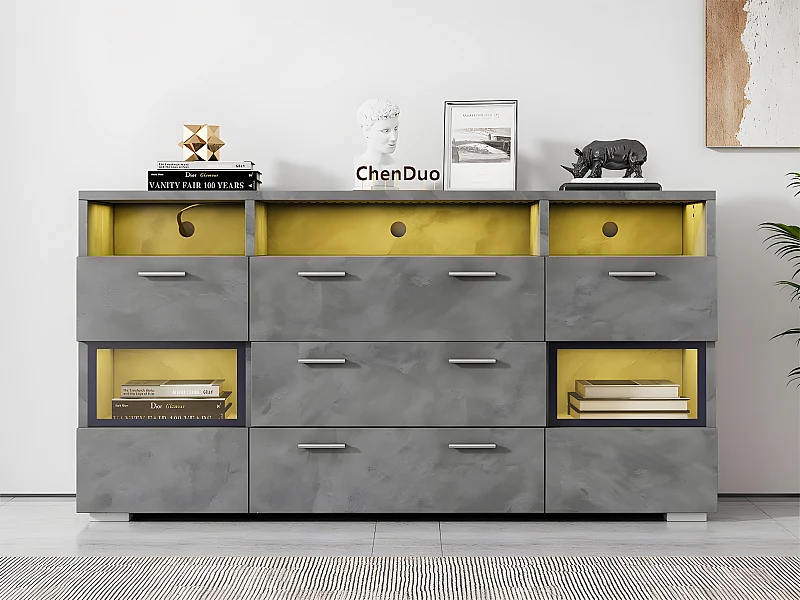 Buffet bas avec éclairage LED - 2 portes 3 tiroirs et plusieurs compartiments ouverts - Gris