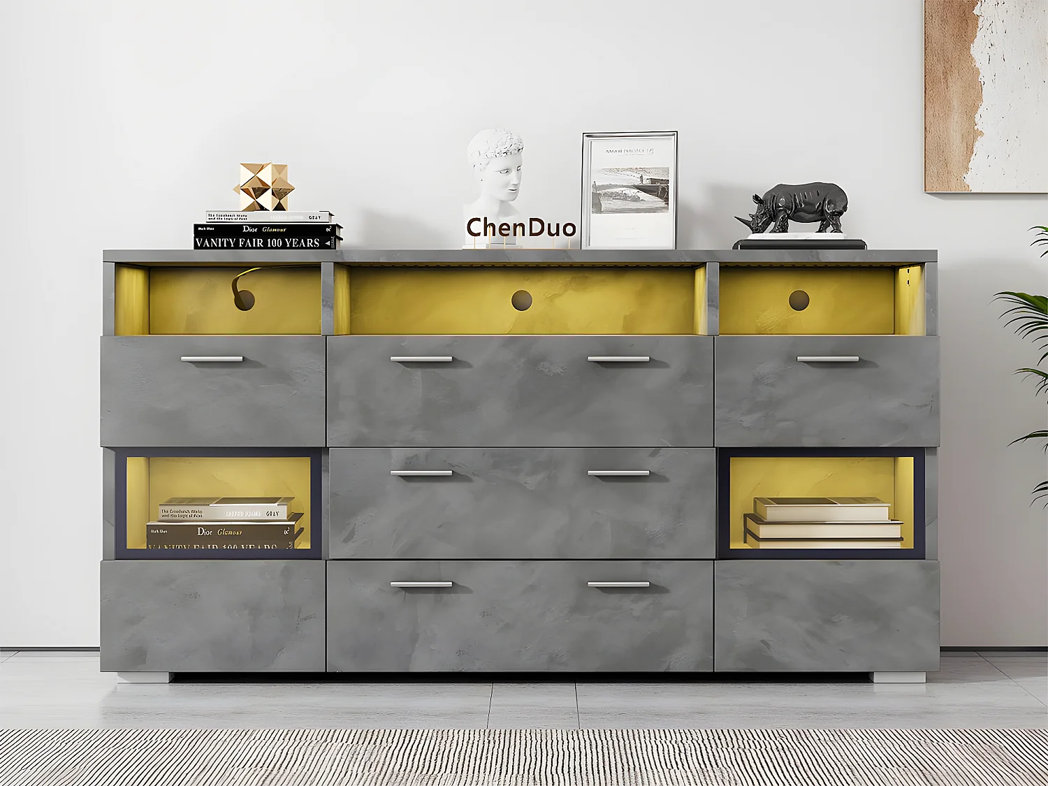 Buffet bas avec éclairage LED - 2 portes 3 tiroirs et plusieurs compartiments ouverts - Gris