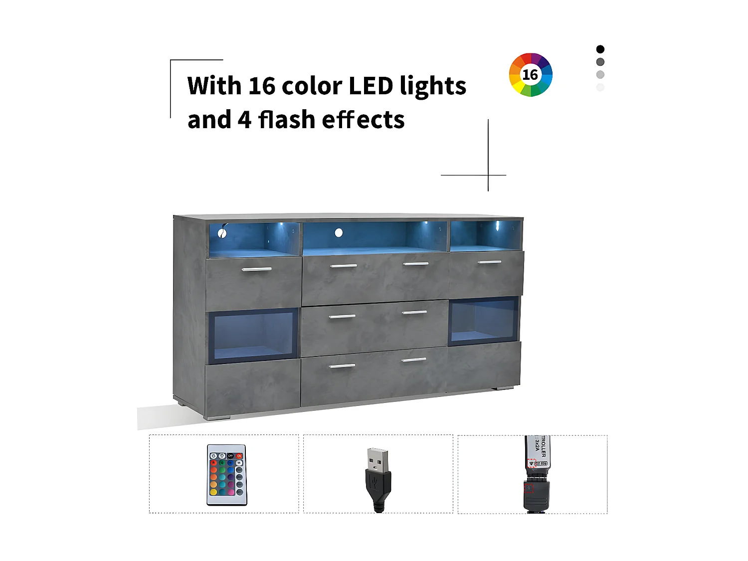 Buffet bas avec éclairage LED - 2 portes 3 tiroirs et plusieurs compartiments ouverts - Gris