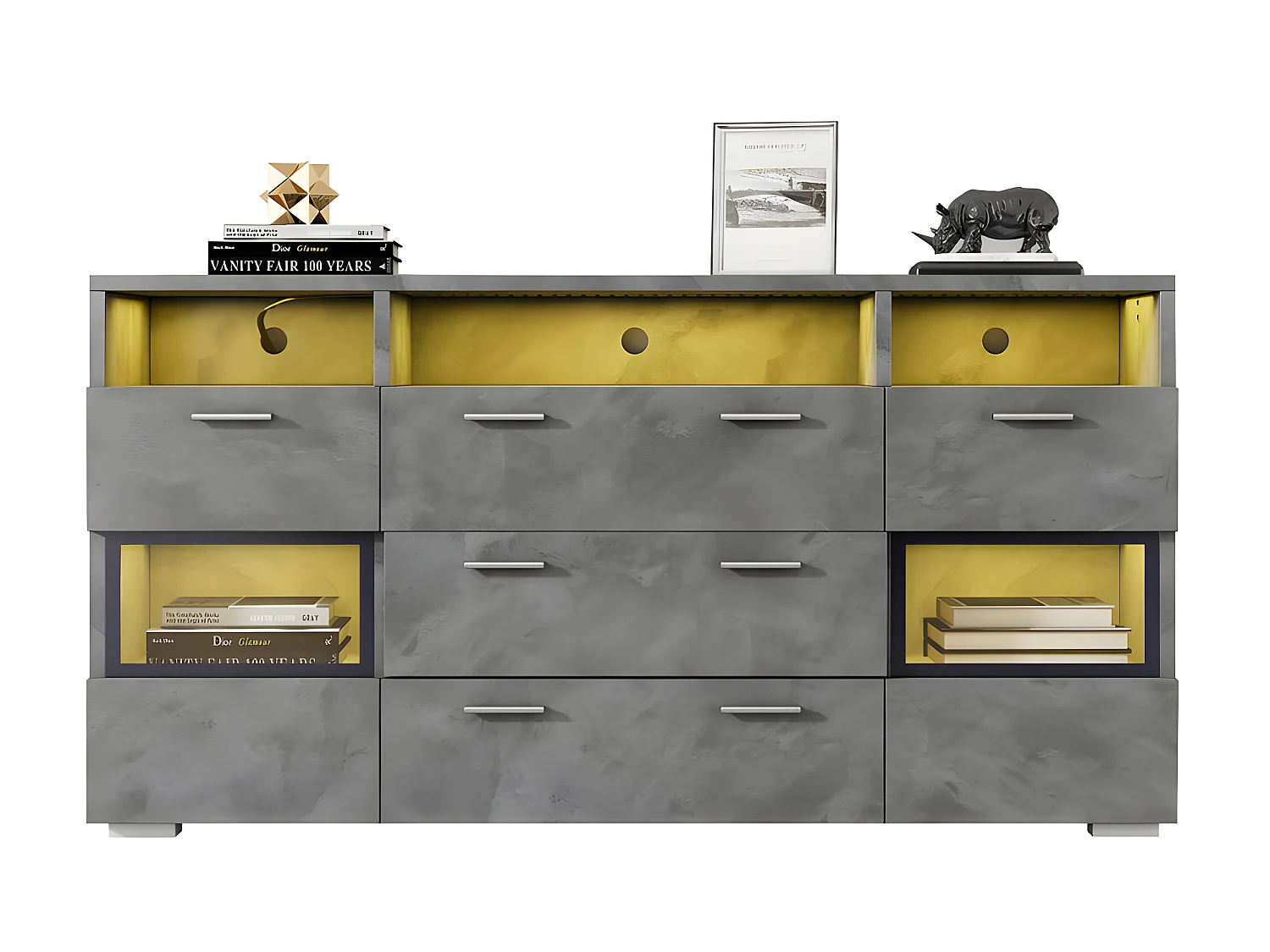 Buffet bas avec éclairage LED - 2 portes 3 tiroirs et plusieurs compartiments ouverts - Gris