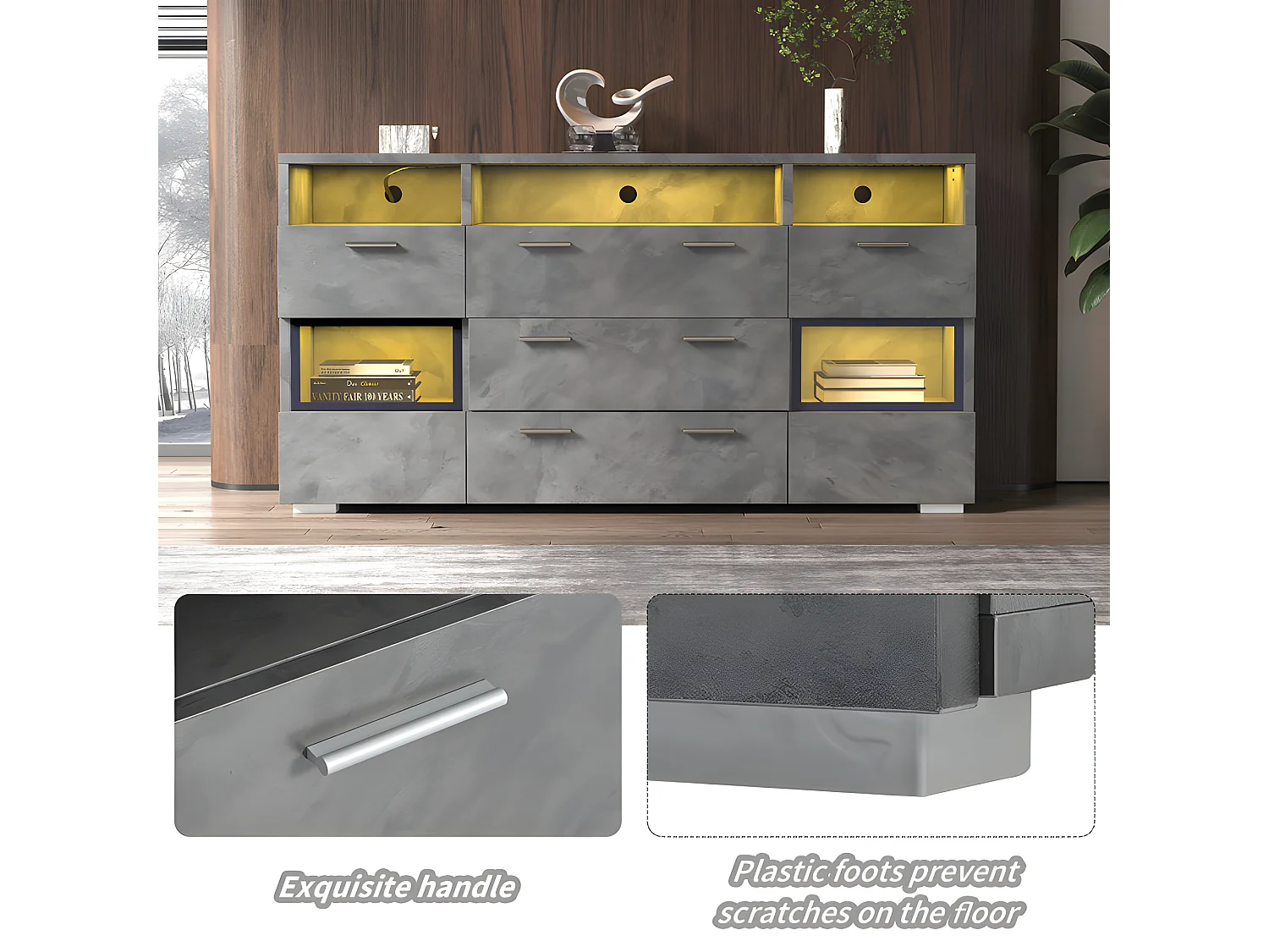 Buffet bas avec éclairage LED - 2 portes 3 tiroirs et plusieurs compartiments ouverts - Gris