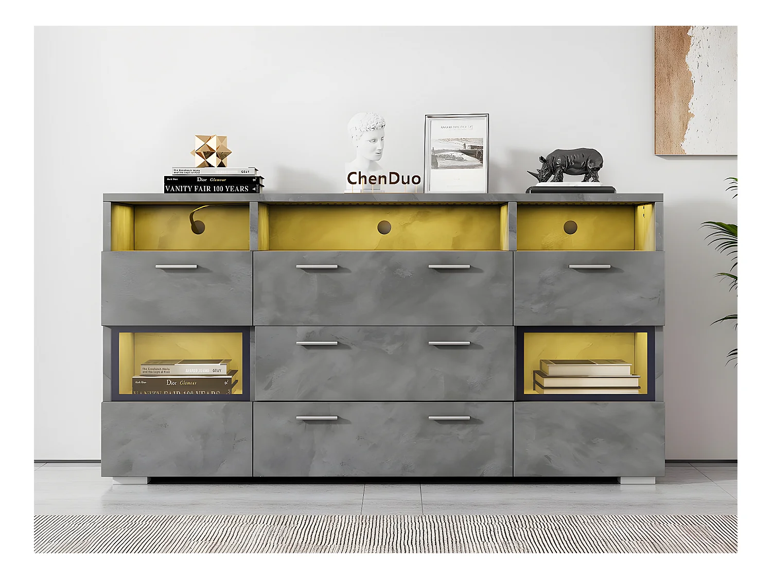 Laag dressoir met LED verlichting - 2 deuren 3 lades en diverse open vakken - Grijs