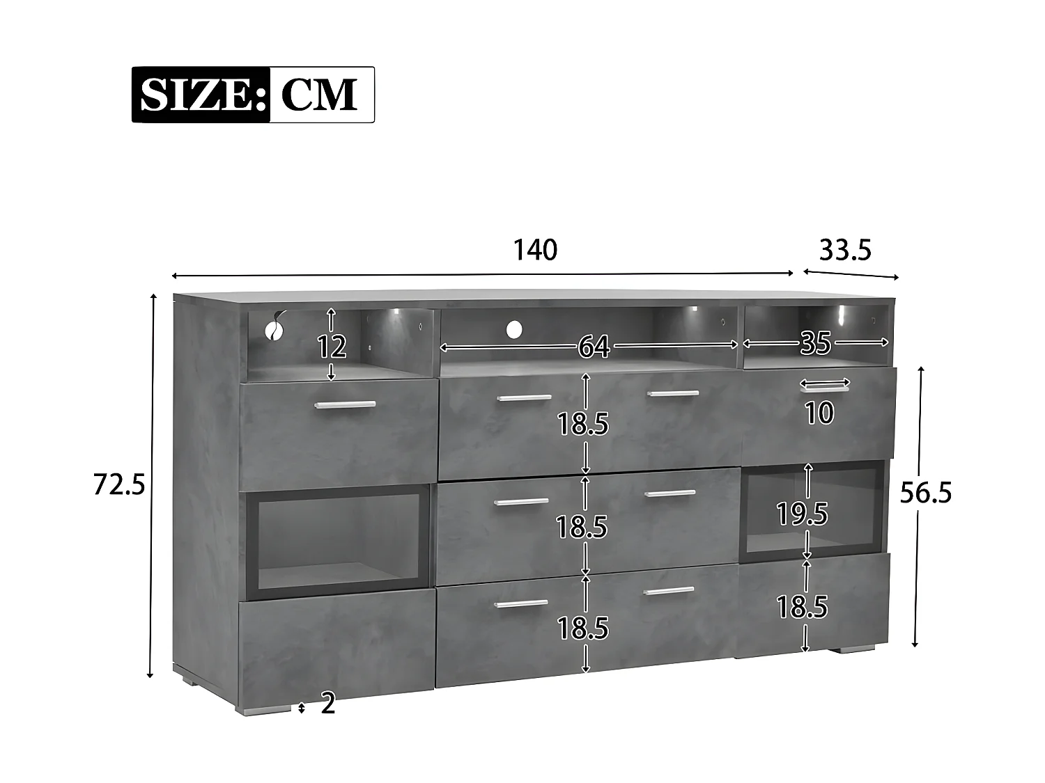 Laag dressoir met LED verlichting - 2 deuren 3 lades en diverse open vakken - Grijs