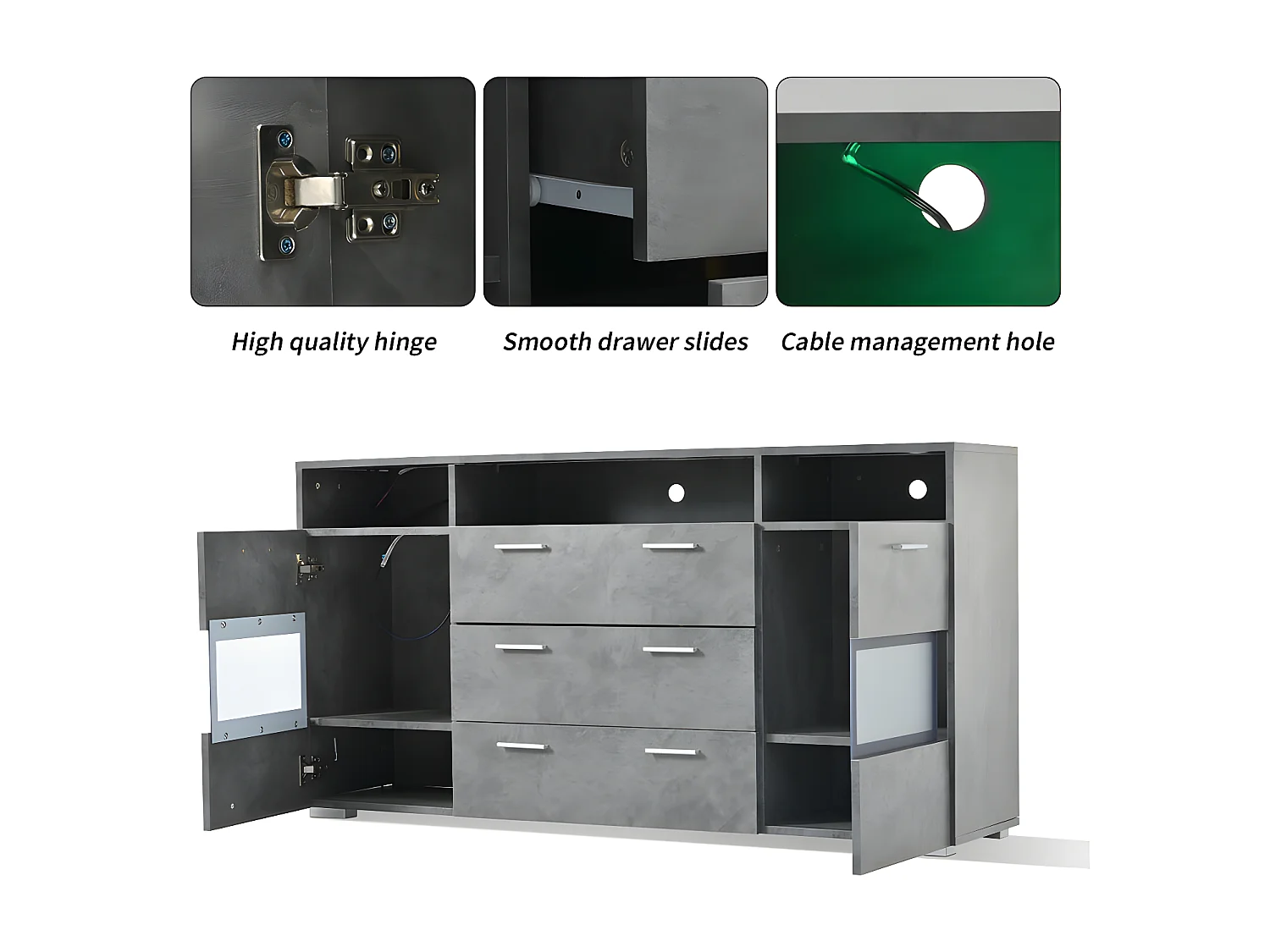 Laag dressoir met LED verlichting - 2 deuren 3 lades en diverse open vakken - Grijs