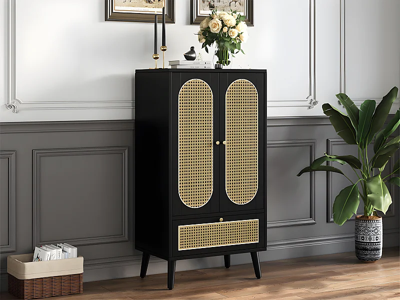 Credenza bassa - H 110 cm - 2 ante e 1 cassetto in rattan - Nera