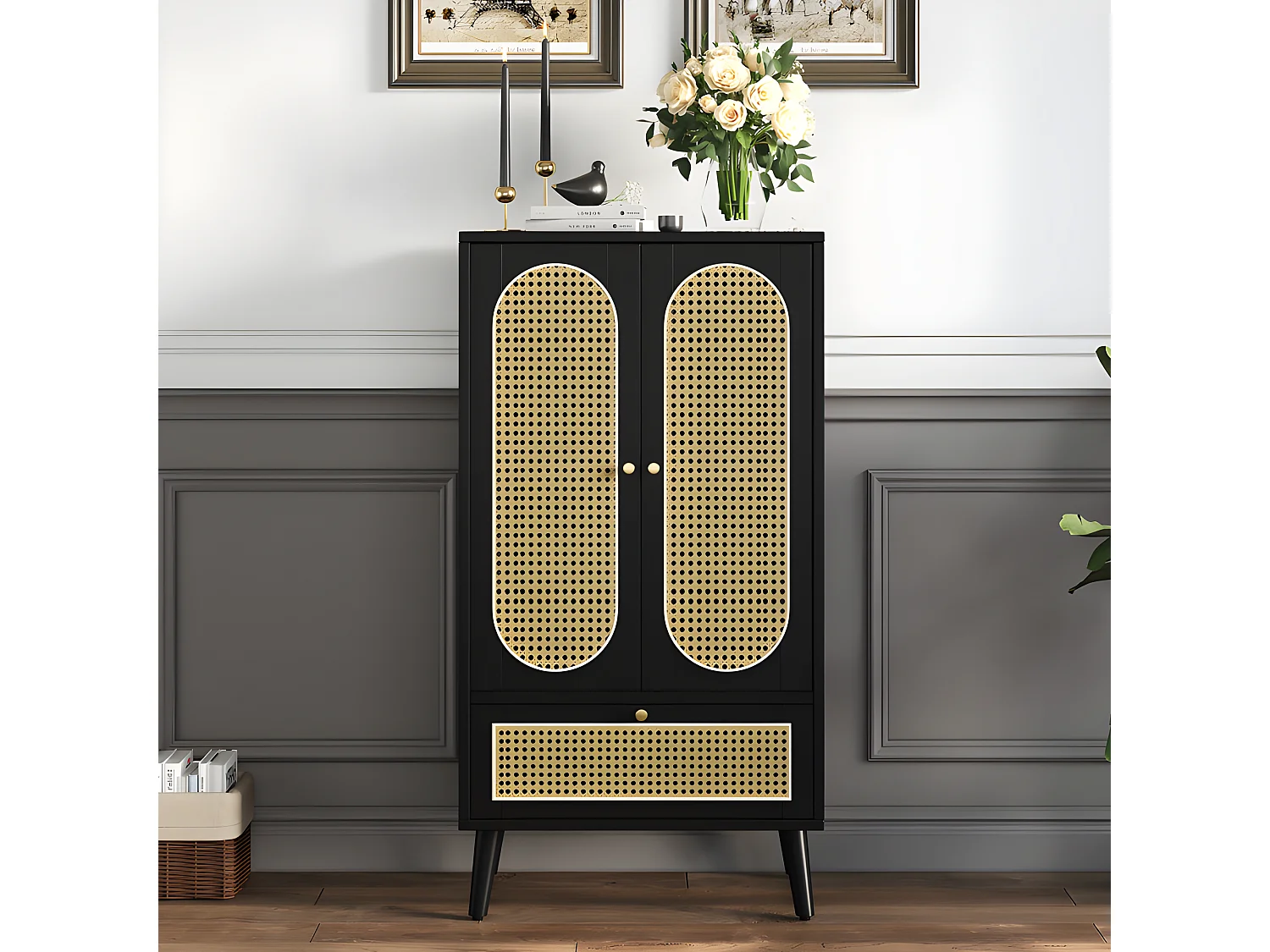 Buffet bas - H 110 cm - 2 portes et 1 tiroir en rotin - Noir