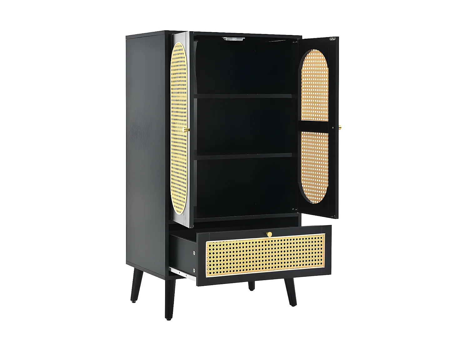 Buffet bas - H 110 cm - 2 portes et 1 tiroir en rotin - Noir