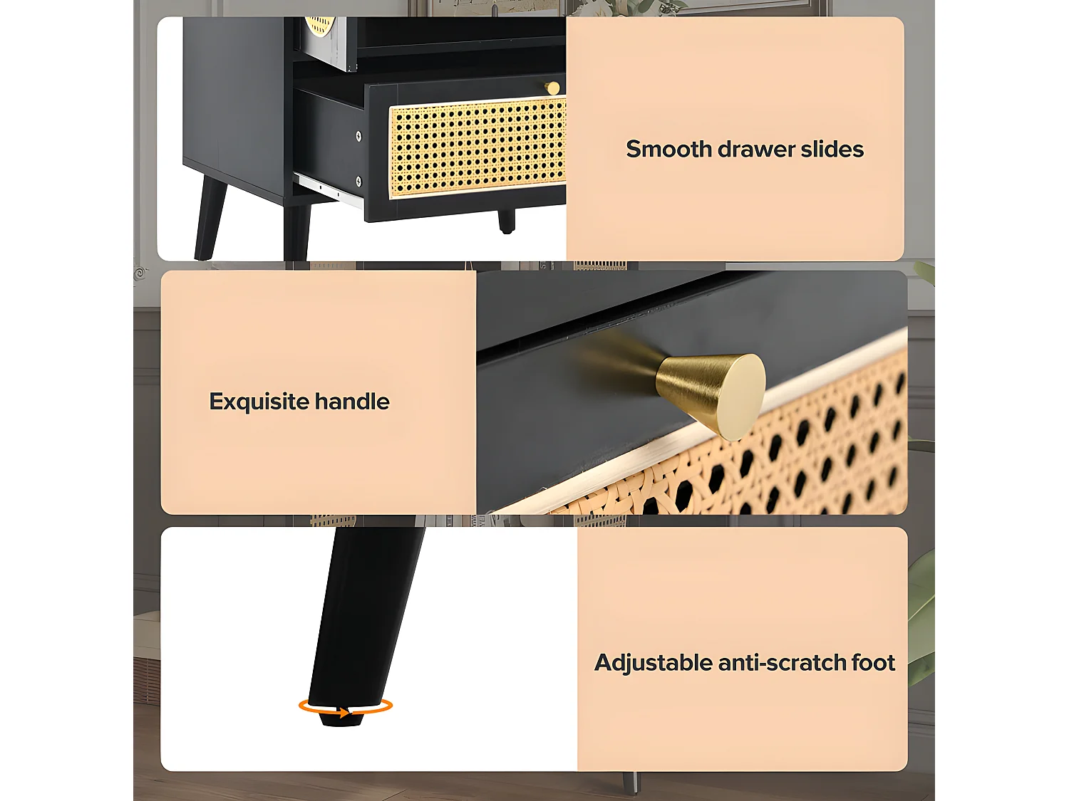 Buffet bas - H 110 cm - 2 portes et 1 tiroir en rotin - Noir