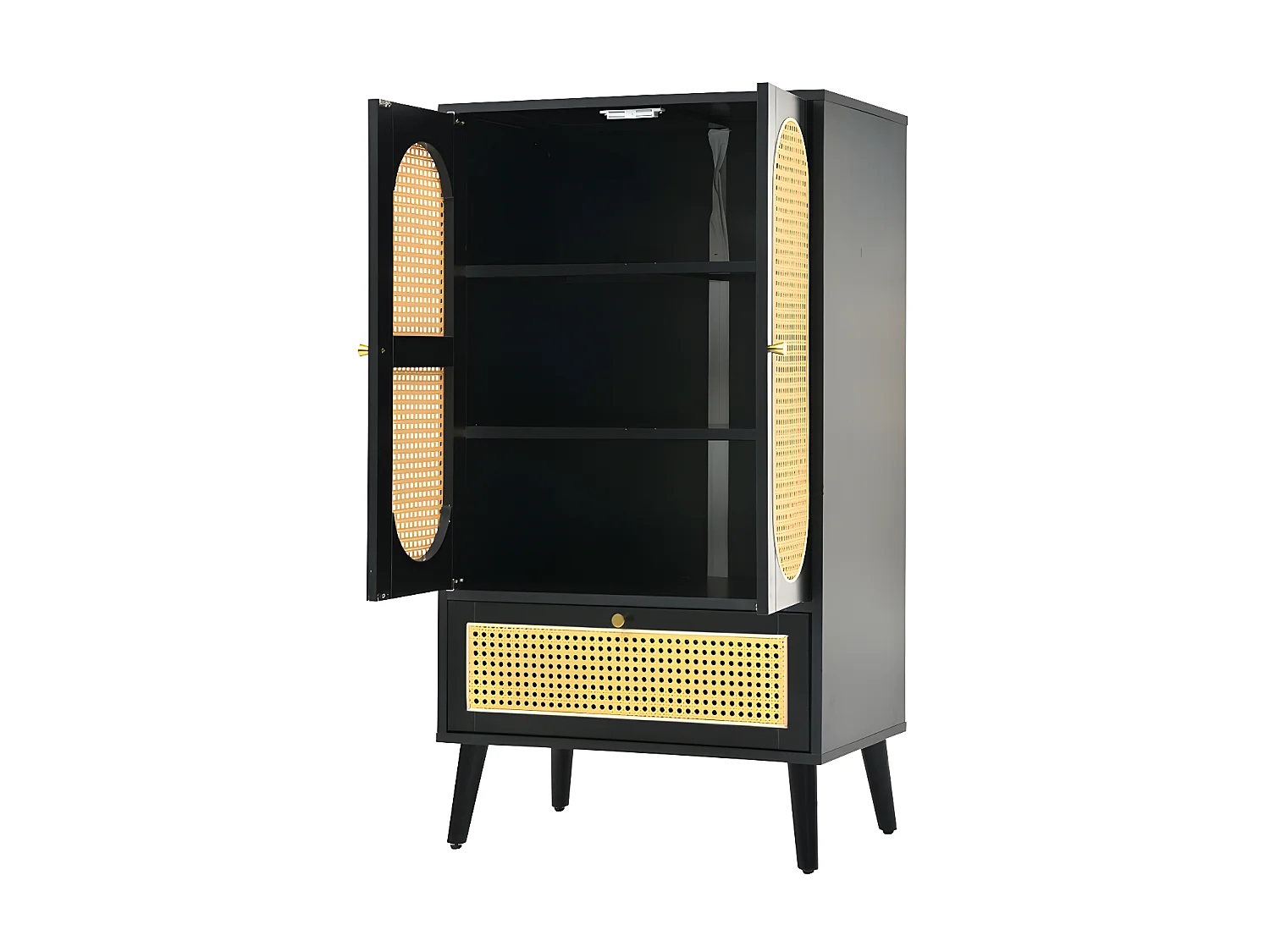 Buffet bas - H 110 cm - 2 portes et 1 tiroir en rotin - Noir