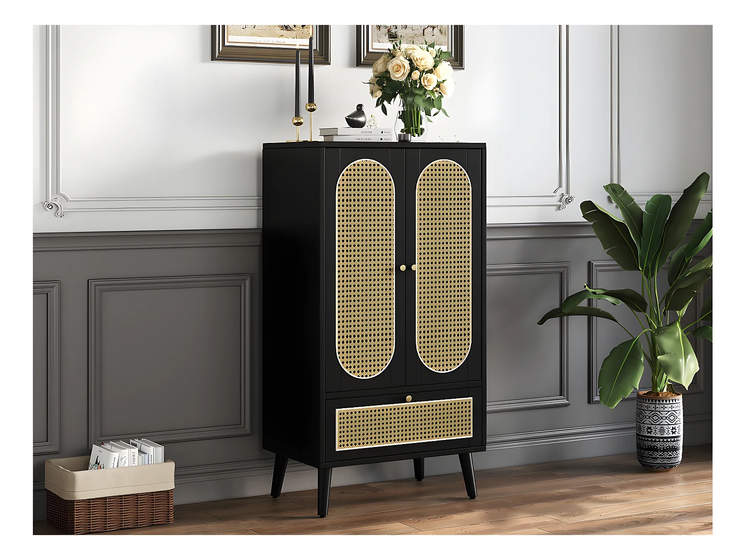 Buffet bas - H 110 cm - 2 portes et 1 tiroir en rotin - Noir
