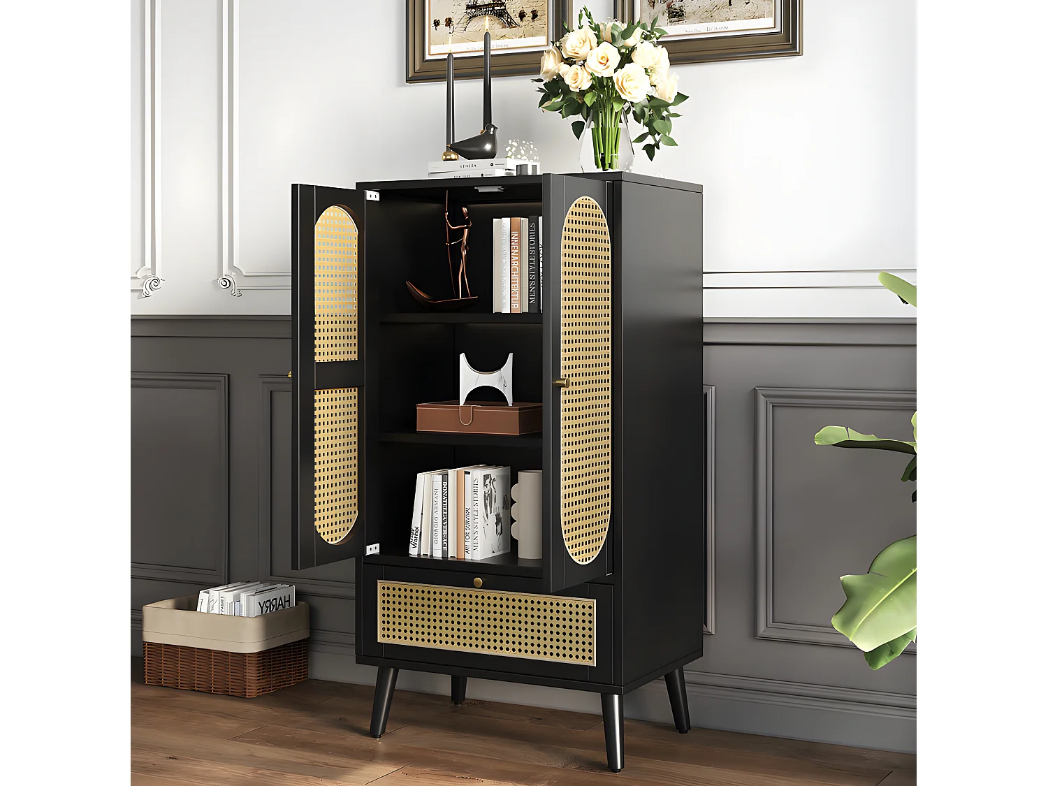 Buffet bas - H 110 cm - 2 portes et 1 tiroir en rotin - Noir