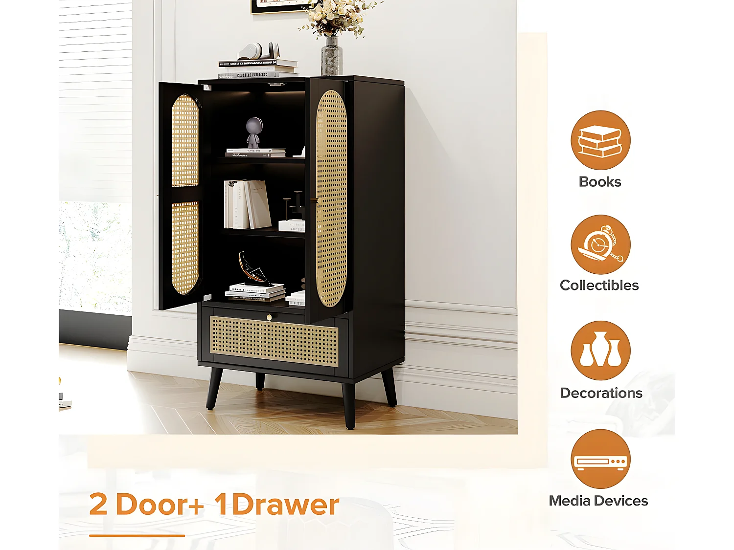 Buffet bas - H 110 cm - 2 portes et 1 tiroir en rotin - Noir